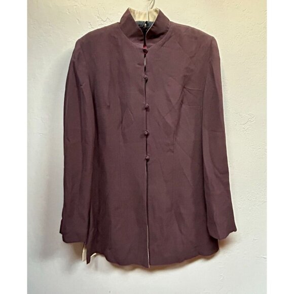 Shanghai Tang Womens Mandarin Collar Button Down Blazer Jacket Size 8 Silk Brown - Picture 1 of 9